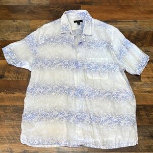 Club Room‎ Blue and White Patterned Button Down Linen Top